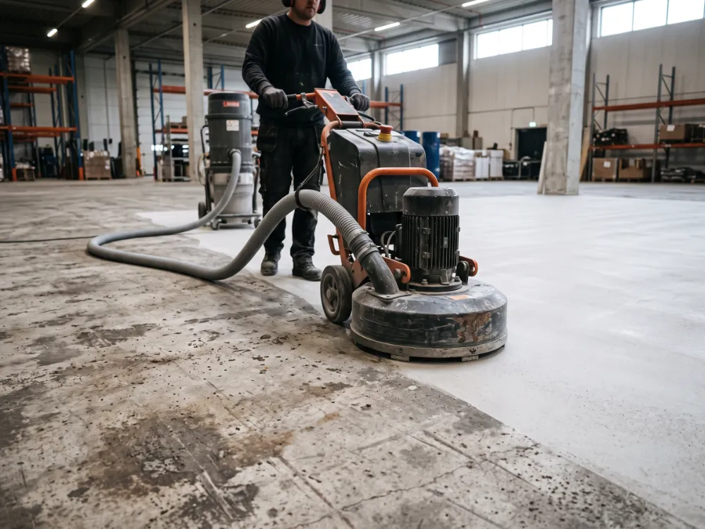 Diamond grinder refining a concrete warehouse floor to a clean uniform matte profile