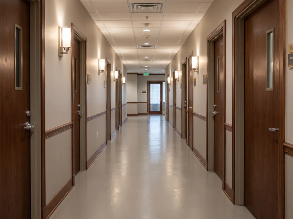 Administrative office corridor with a satin greige epoxy floor