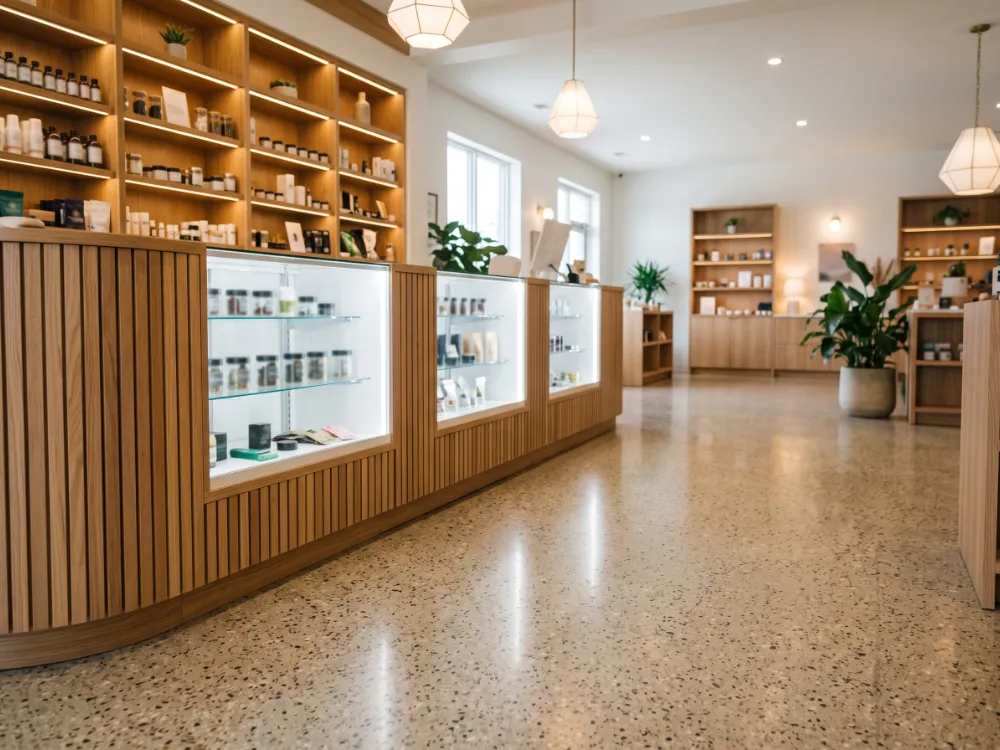Dispensary retail interior with a warm terrazzo-look epoxy floor