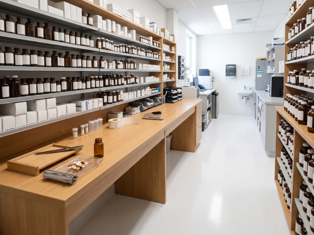 Pharmacy dispensing area with a seamless white epoxy floor
