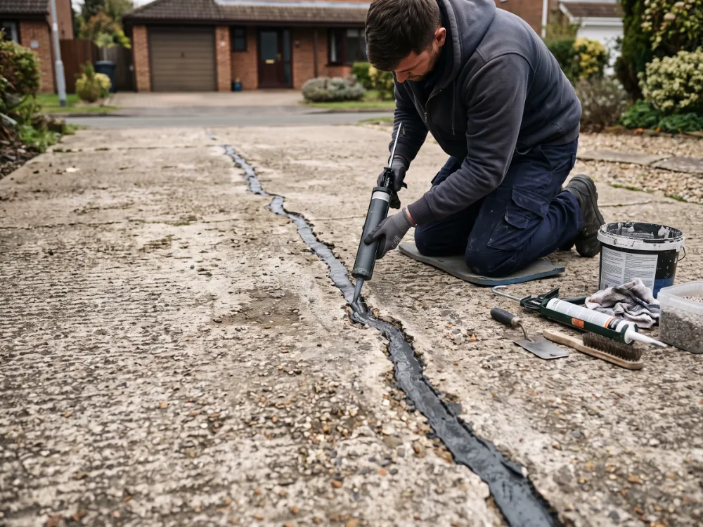 Installer filling a long crack in a weathered concrete driveway with repair compound
