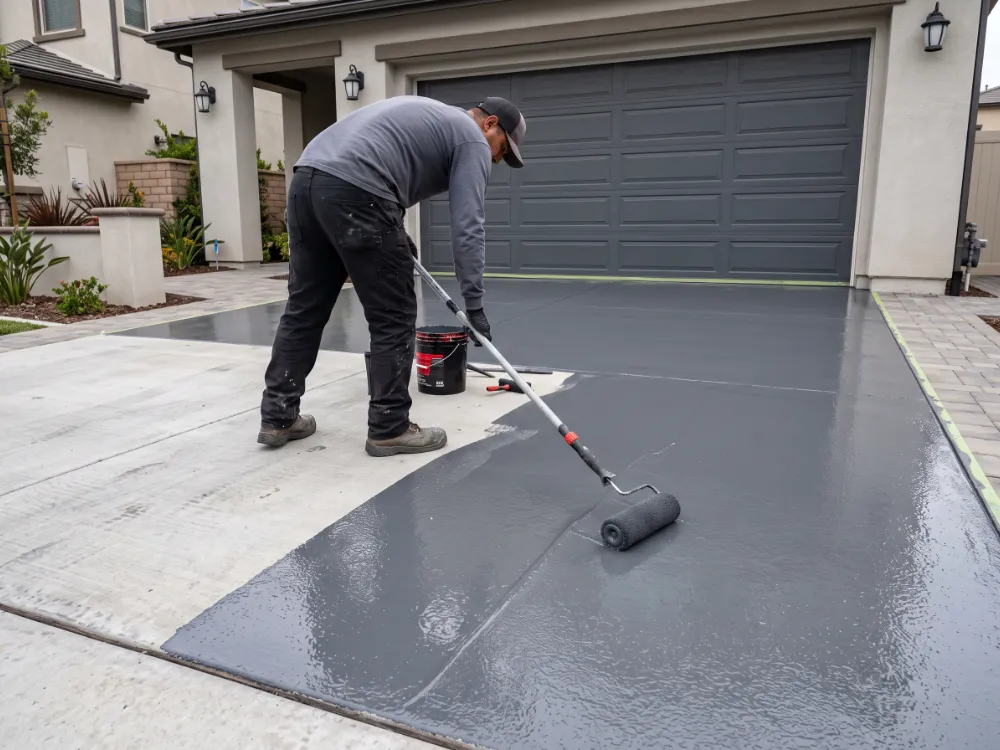 Installer rolling a pigmented polyaspartic basecoat across a prepared concrete driveway
