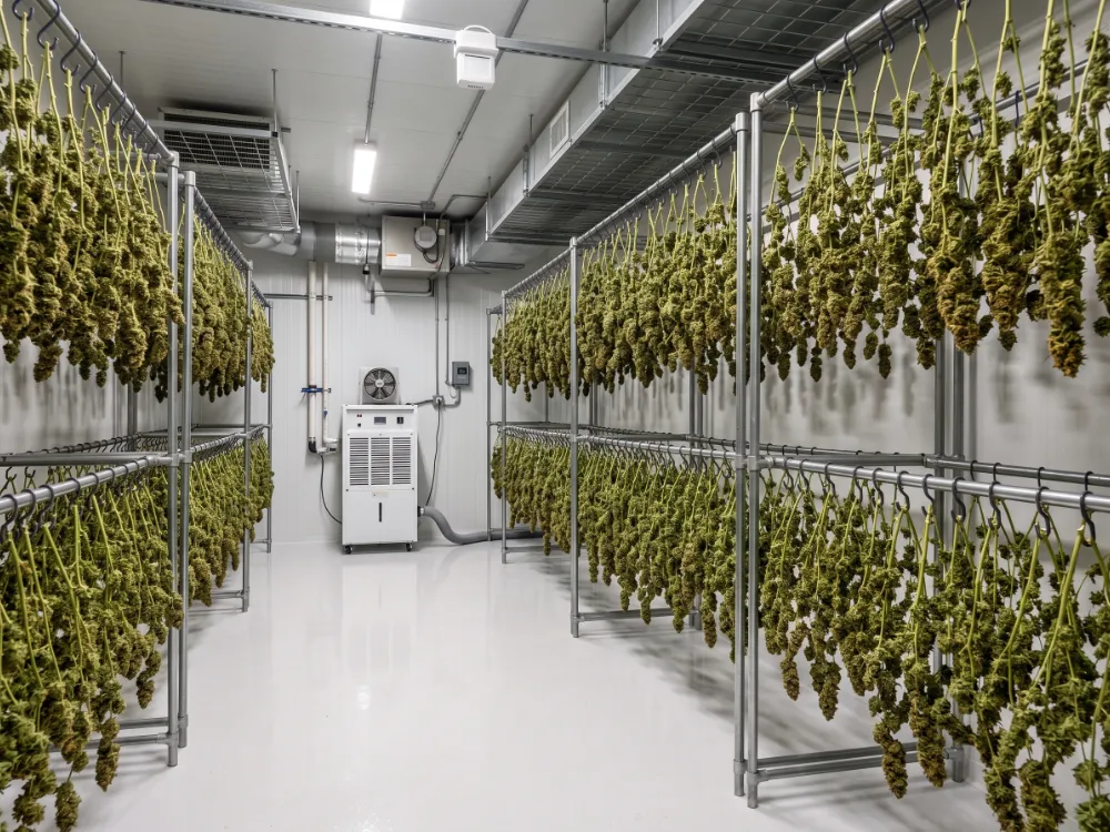 Cannabis drying room with hanging racks above a seamless white epoxy floor