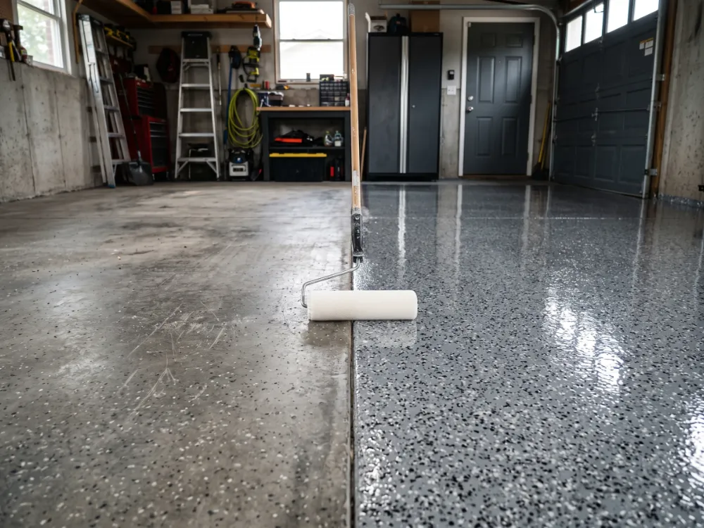 Dull worn flake floor beside the same floor refreshed with a new glossy clear coat