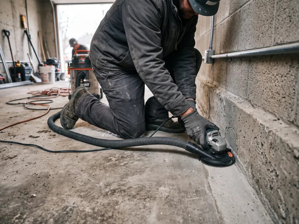 Installer using a hand grinder with dust shroud along the wall edge of a garage floor
