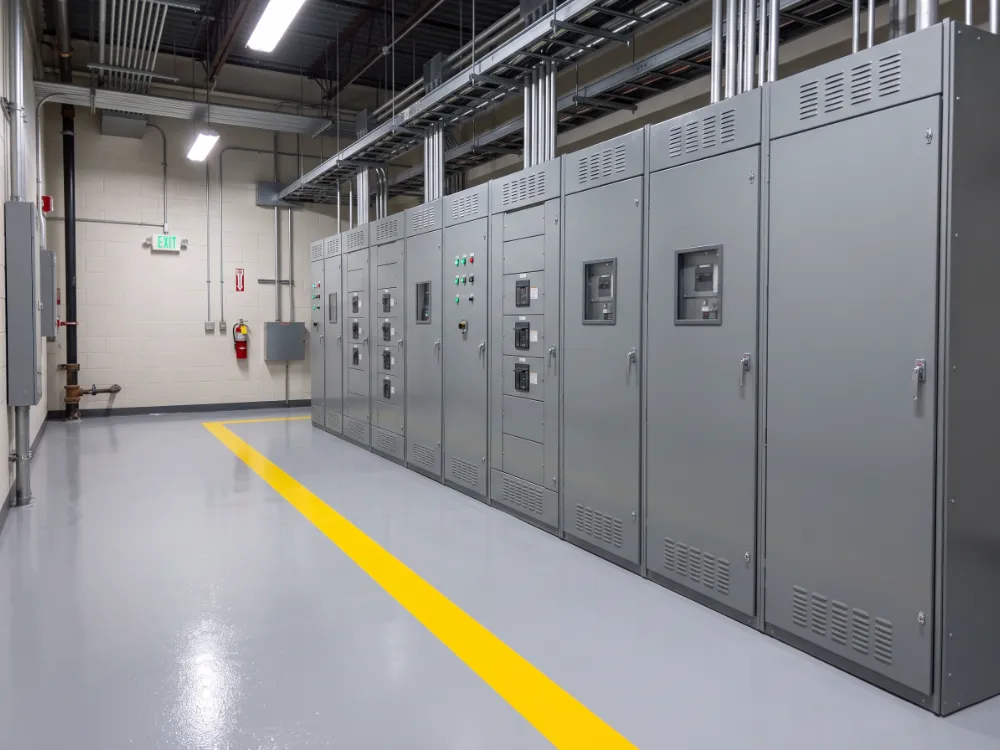 Electrical room with a yellow safety line coated before switchgear