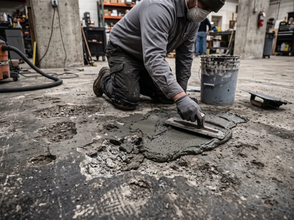 Installer troweling epoxy mortar resurfacer into a badly pitted concrete floor