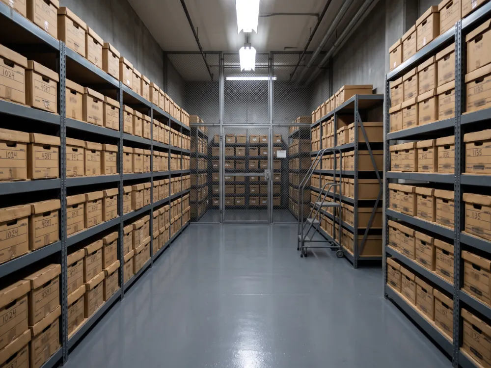 Records and evidence room with a sealed gray epoxy floor and shelving