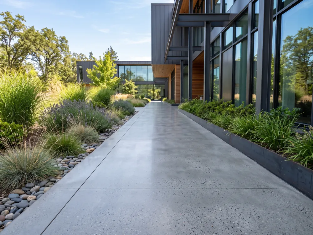 Clear-sealed exterior concrete walkway beside a modern building in bright sunlight