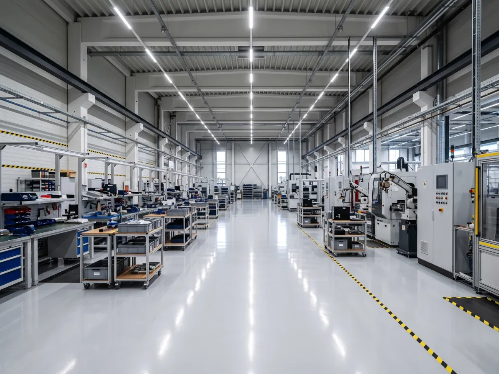 Factory assembly area with a smooth light-gray epoxy floor