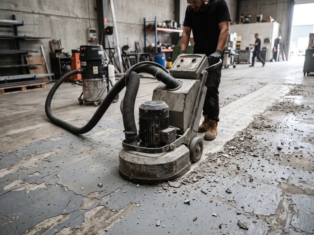 Diamond grinder stripping a failed old coating from concrete, clean surface behind the machine