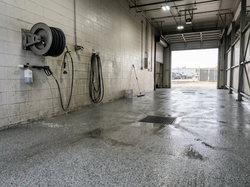 Wash bay with a textured quartz epoxy floor sloping to a drain
