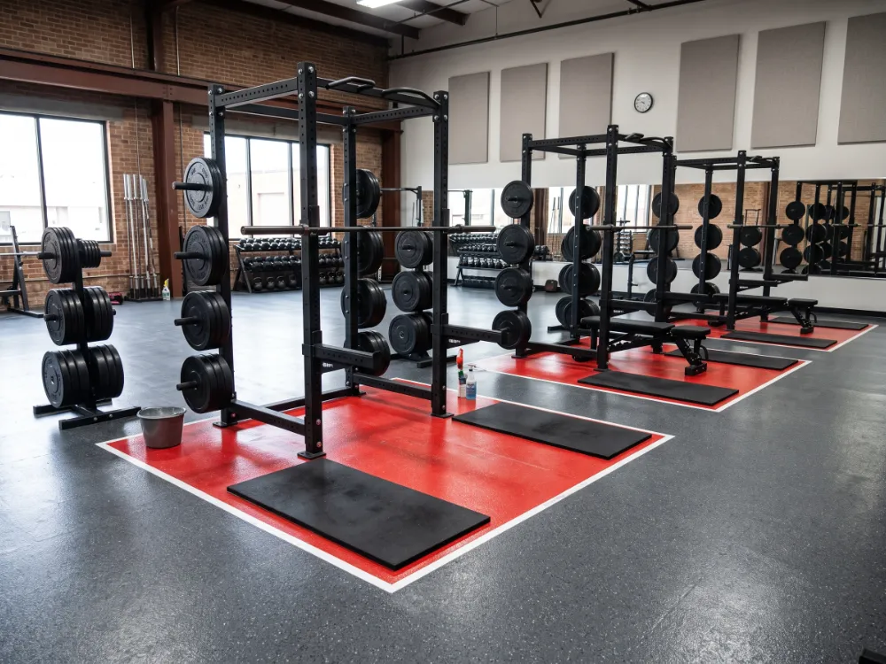 Training facility with red lifting zones coated into a gray epoxy floor