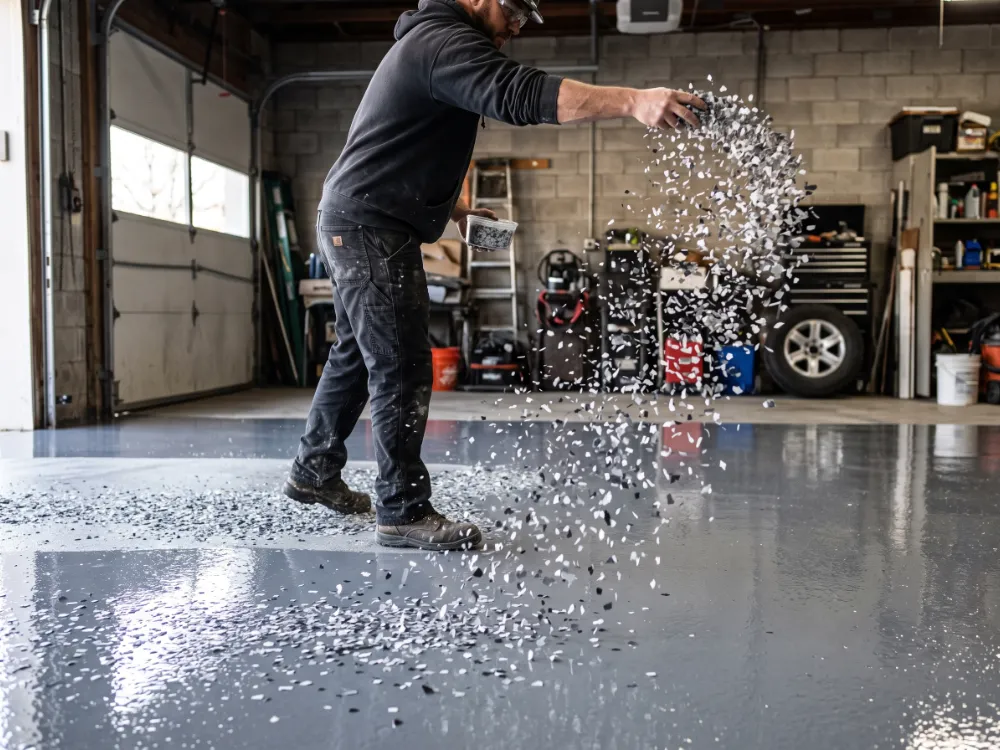 Installer broadcasting vinyl flakes into a wet polyaspartic basecoat in a garage