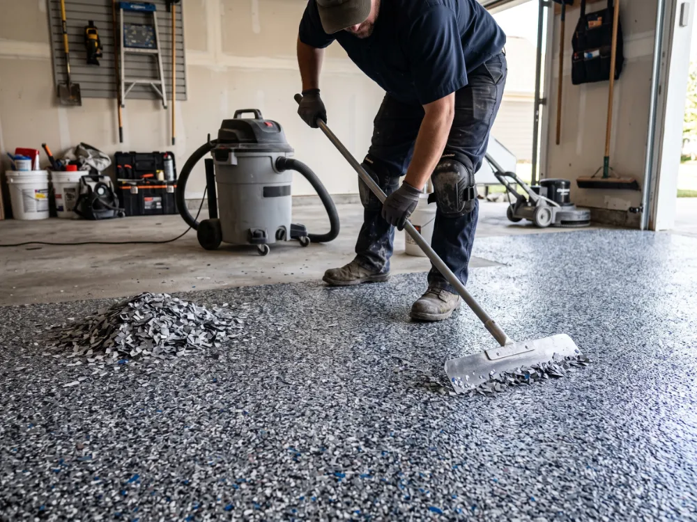 Installer scraping excess cured flakes from a fully broadcast garage floor before topcoating