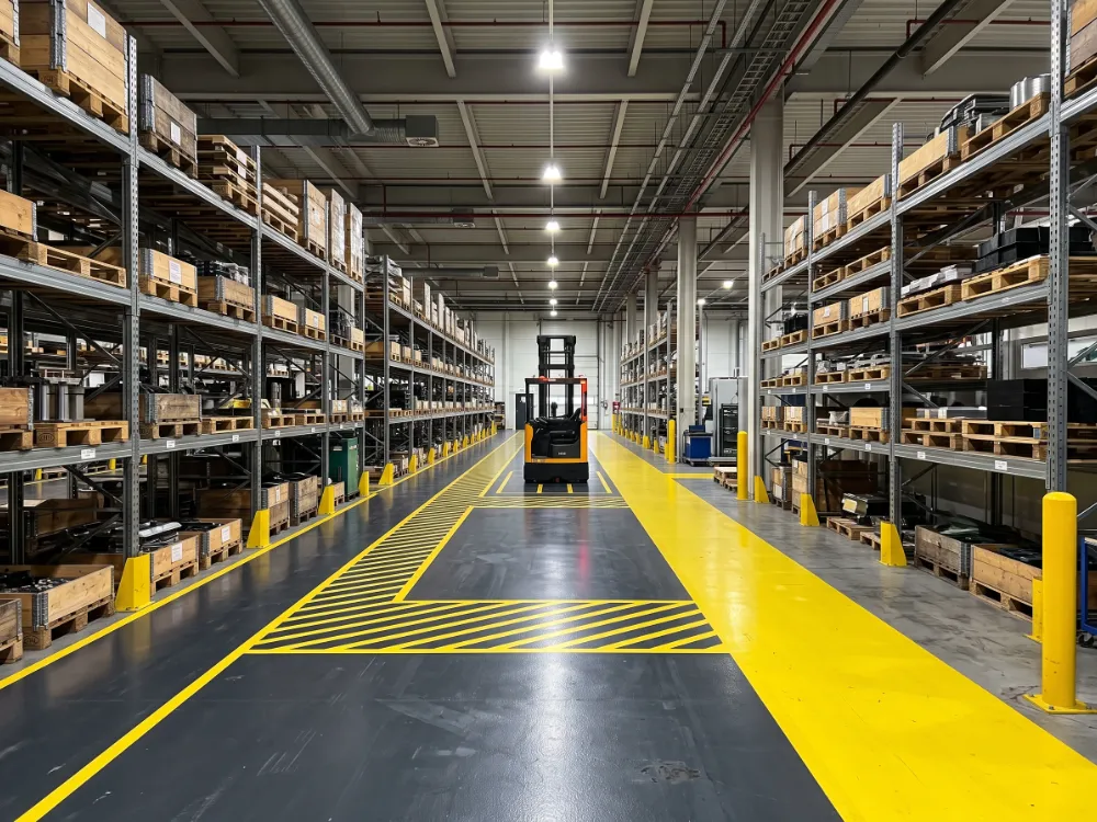 Forklift aisle with yellow safety zones coated into a dark gray epoxy floor