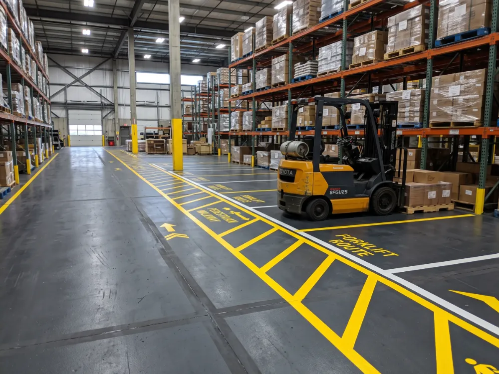 Forklift route with yellow pedestrian striping coated into a gray epoxy floor