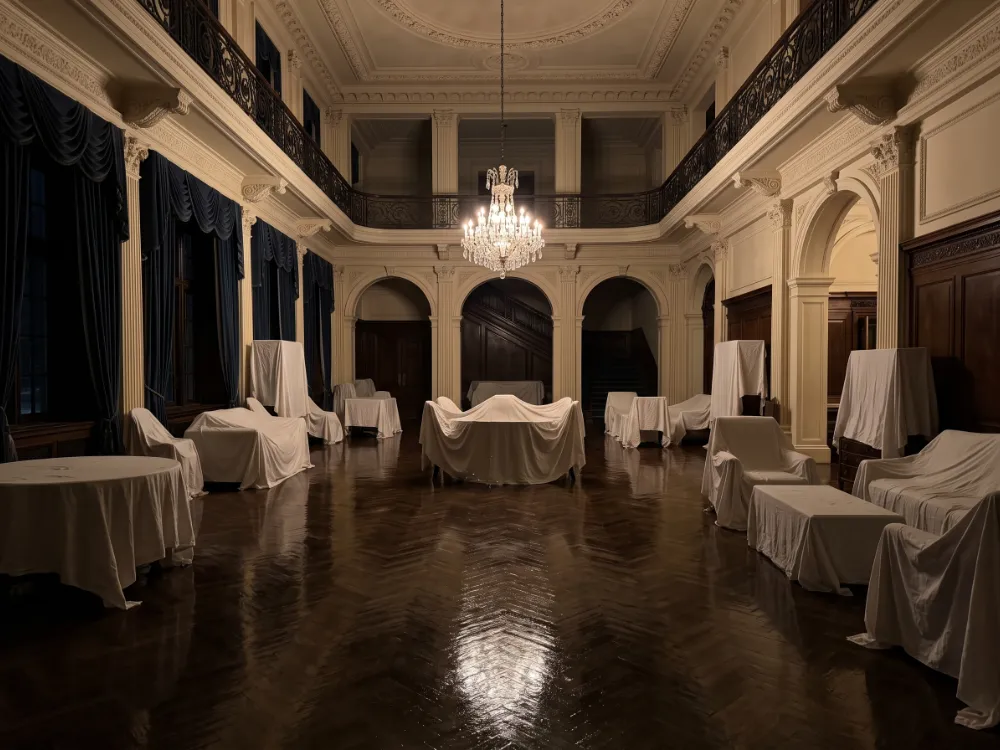 Formal hall with furniture under covers and a freshly coated glossy floor at night
