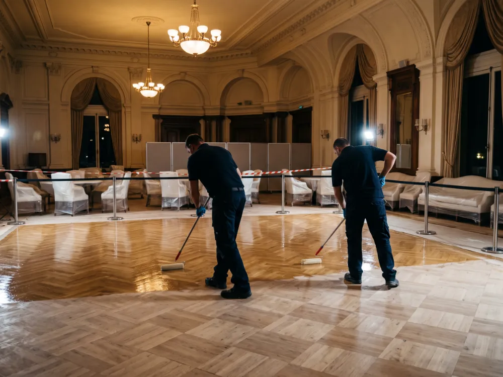 Technicians coating a formal hall at night with furniture under covers