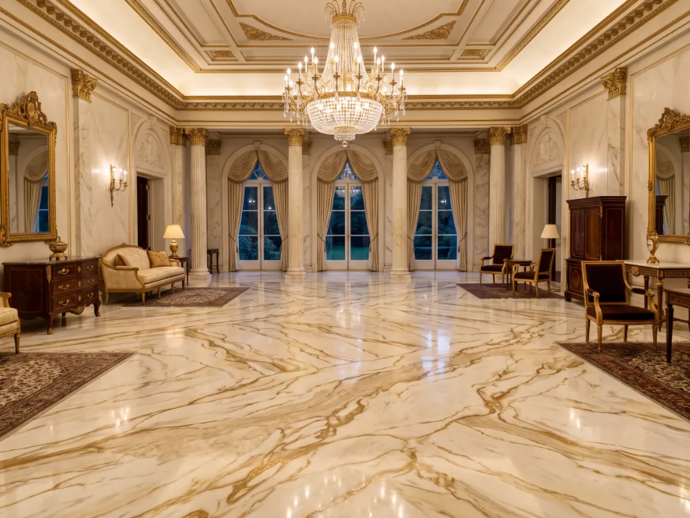 Formal reception room with an ivory and gold marbleized metallic epoxy floor
