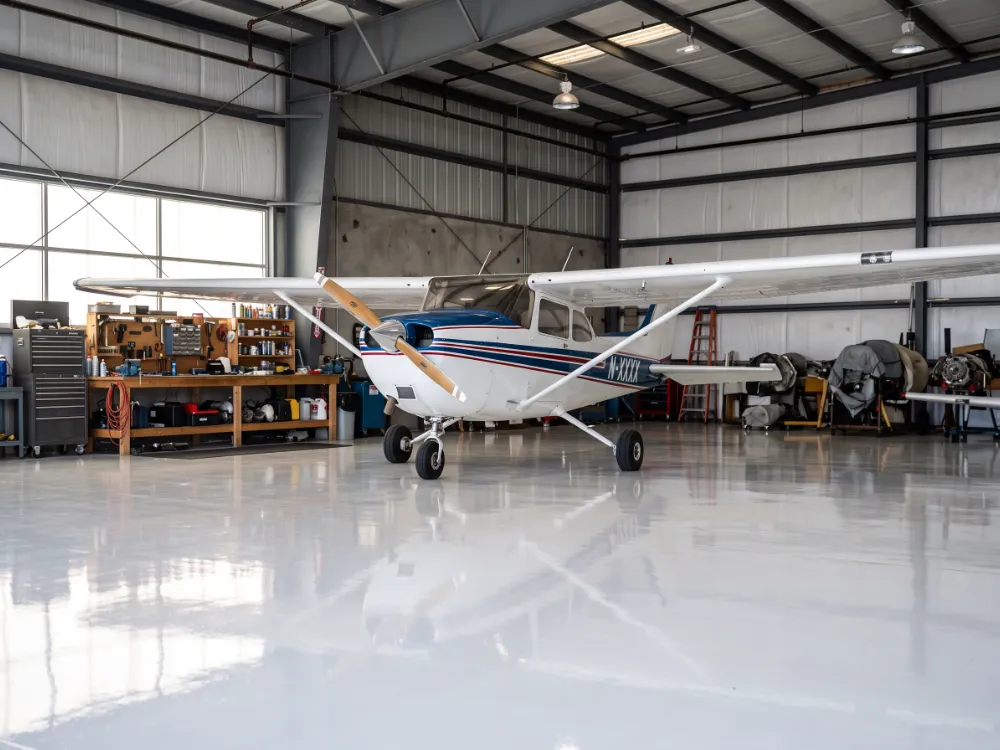 Propeller aircraft on a glossy pearl white epoxy hangar floor