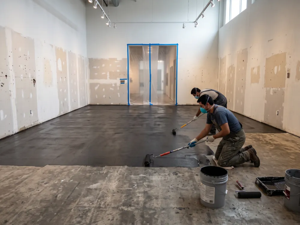 Technicians coating an empty gallery between exhibitions