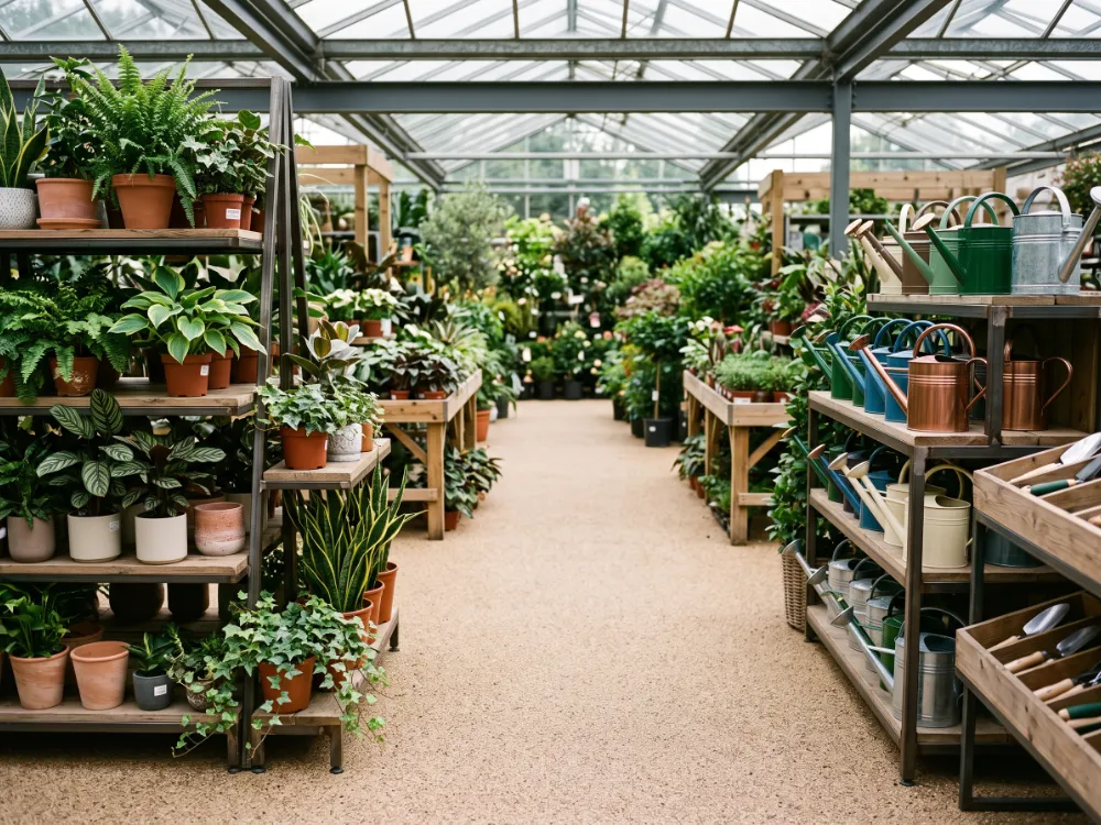 Garden center retail area with a textured beige quartz epoxy floor