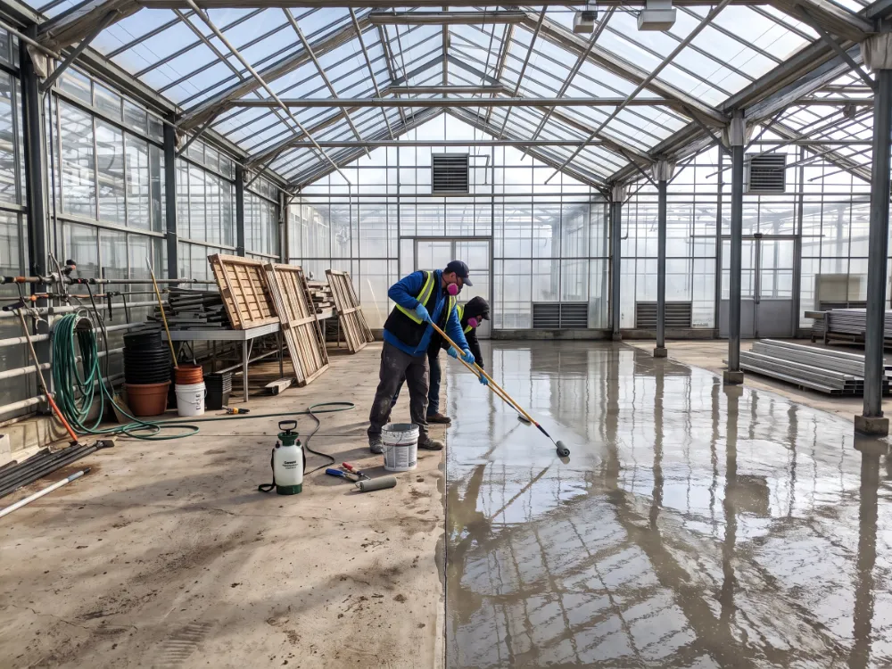 Technicians coating a greenhouse bay between planting cycles