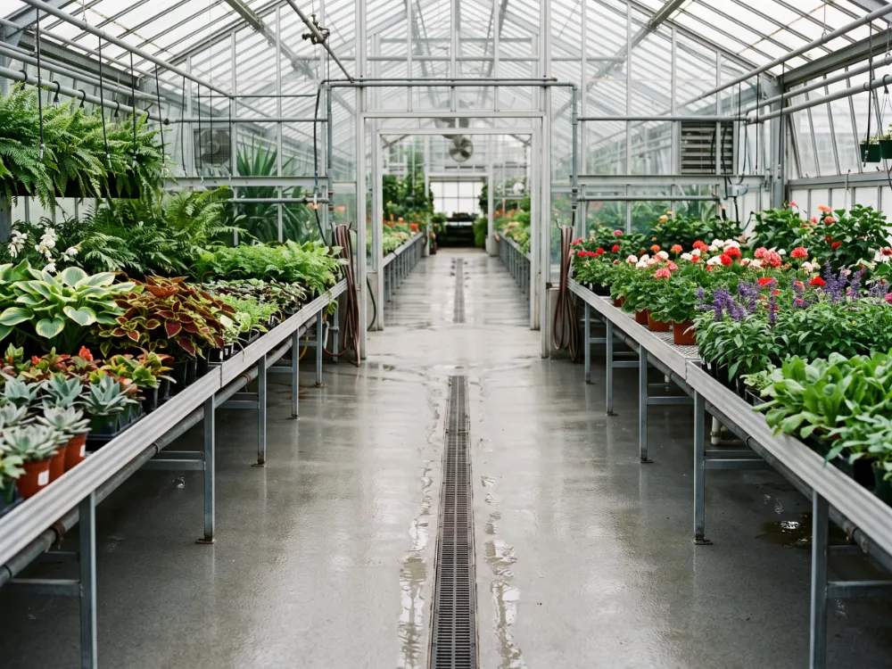 Greenhouse aisle floor sloping to a center trench drain
