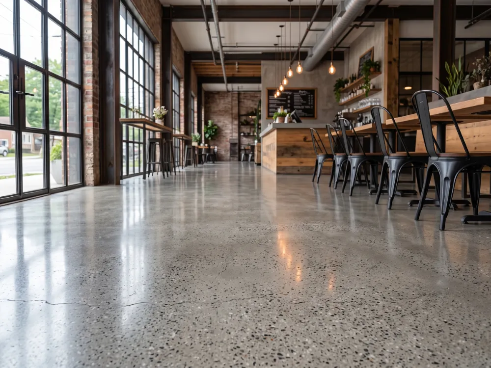 Natural gray concrete floor with a clear grind-and-seal finish in an industrial-chic cafe