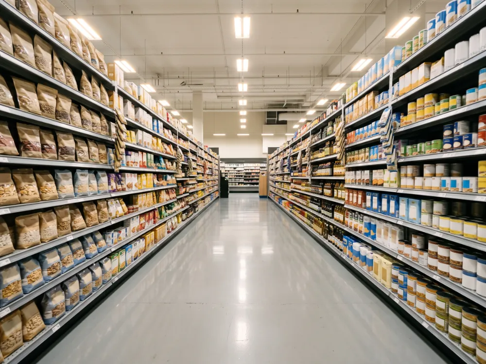 Seamless light epoxy floor running down a stocked supermarket aisle