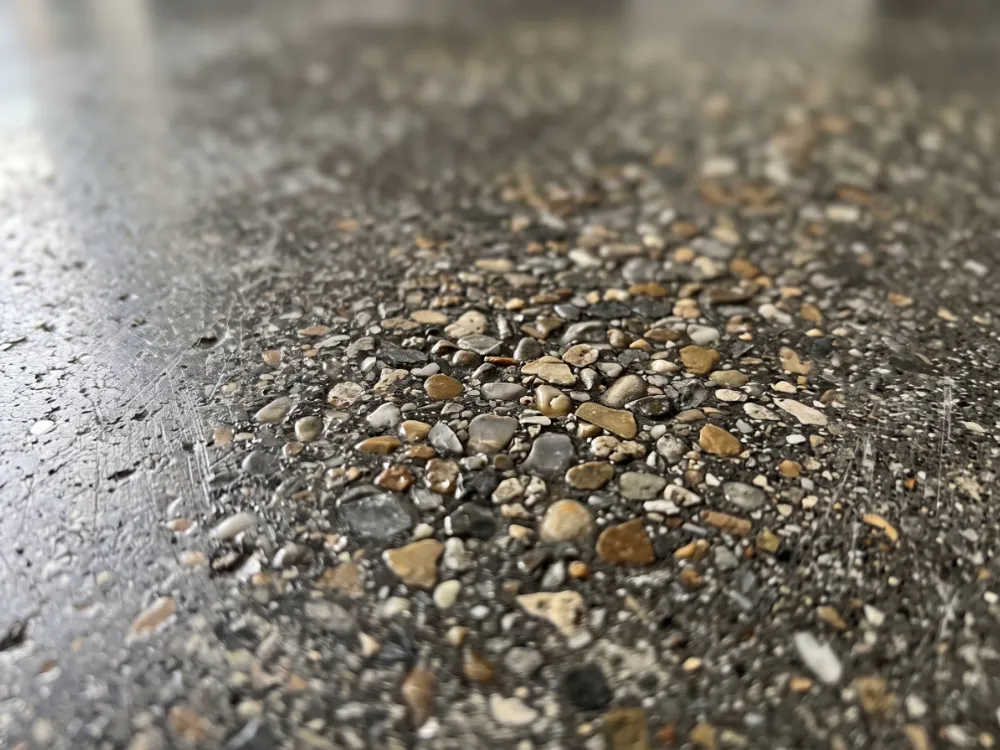 Ground and sealed concrete showing natural aggregate under a clear satin coating