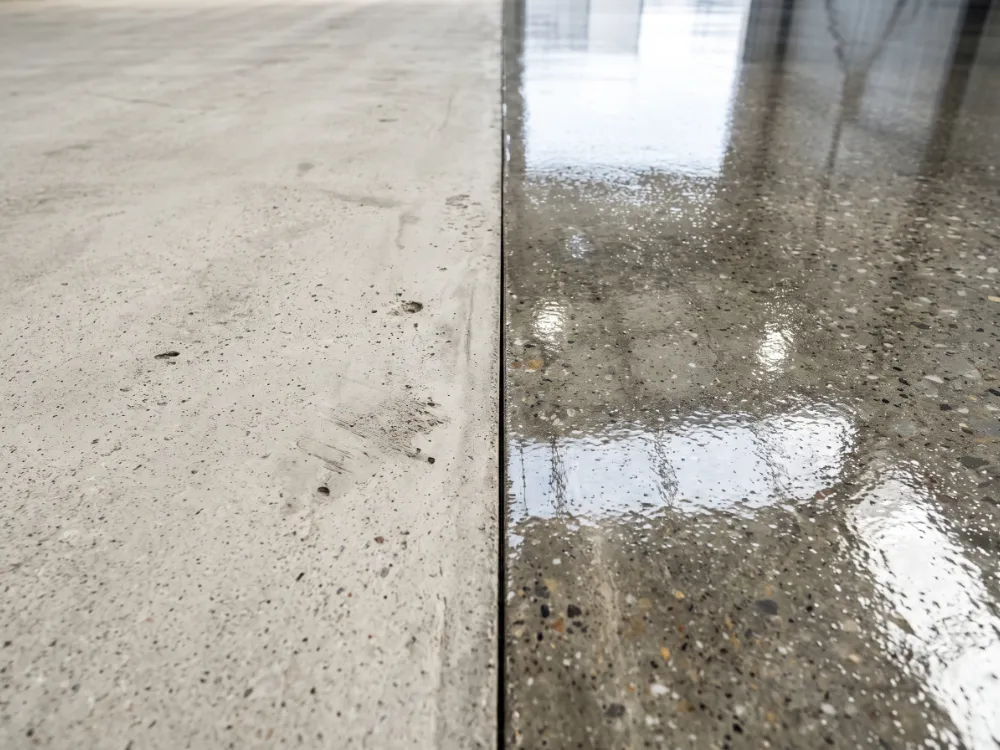 Diamond-ground bare concrete beside the same floor sealed under glossy clear coating