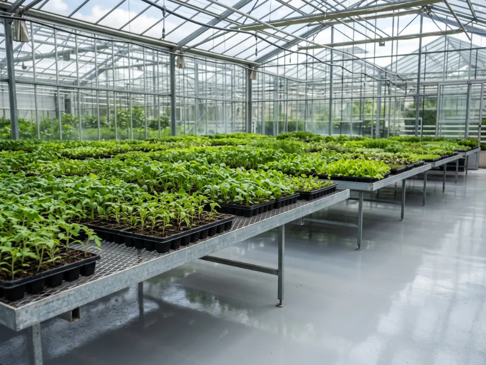 Greenhouse benches with seedling trays above a glossy epoxy floor
