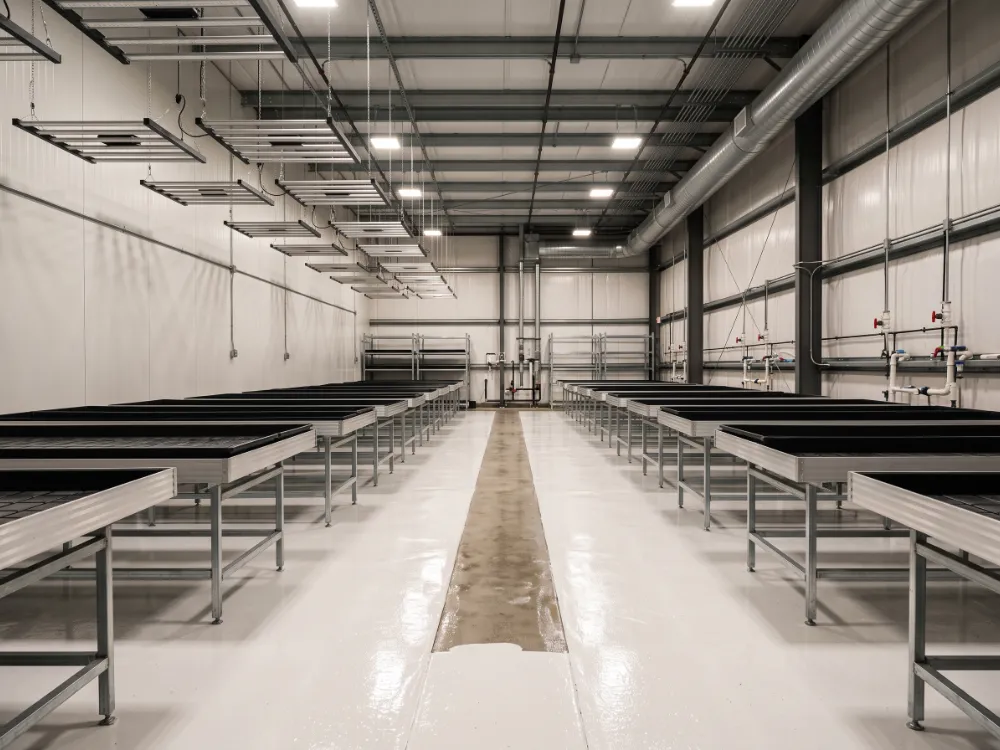 Empty grow room with a fresh white coated floor drying between harvest cycles