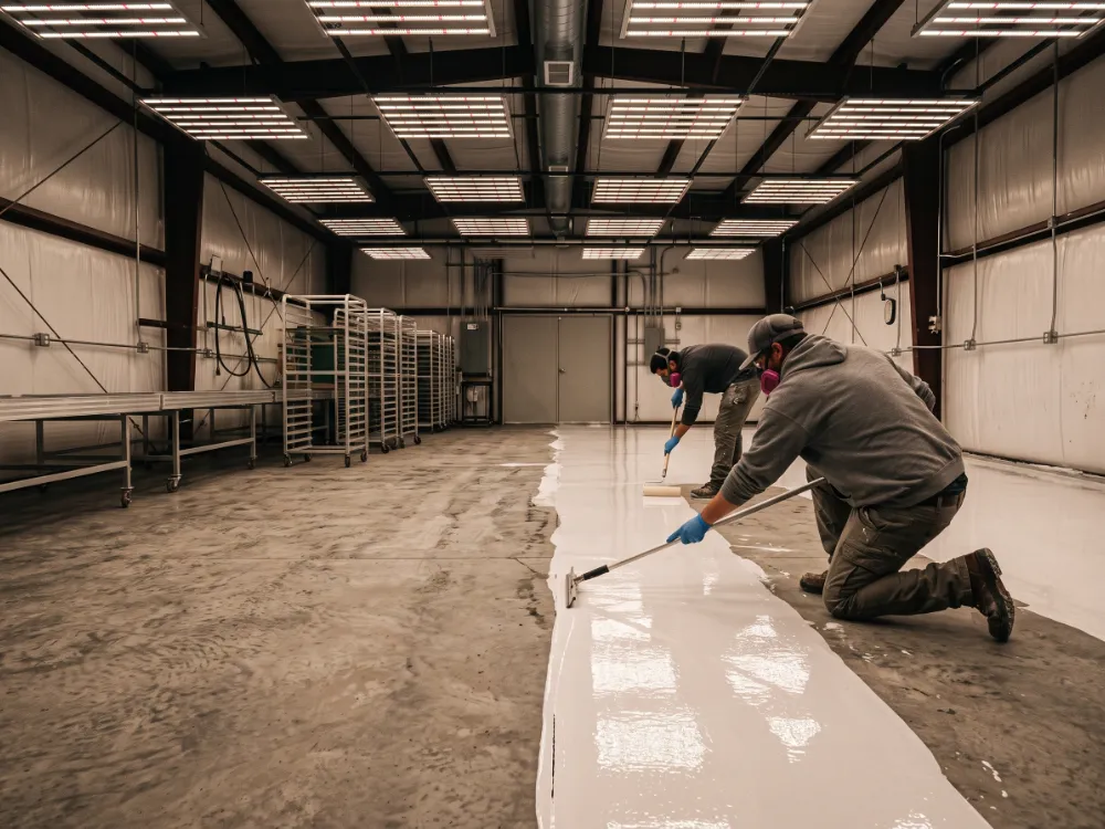 Technicians coating an empty grow room between harvest cycles