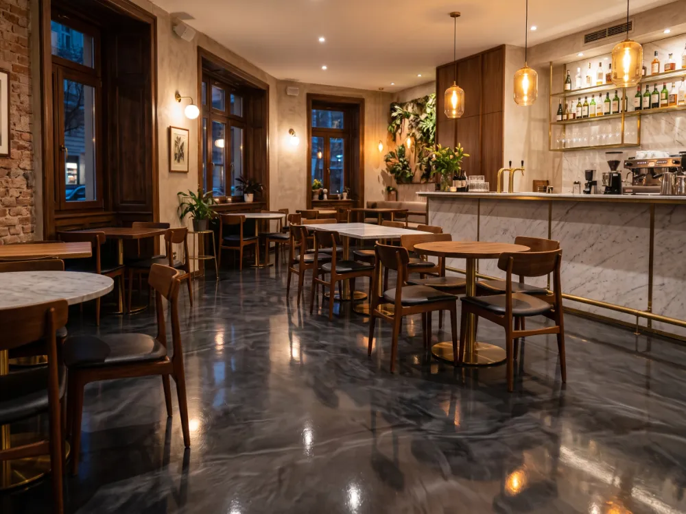 Stylish cafe with a gunmetal gray marbleized metallic epoxy floor under warm pendant lights