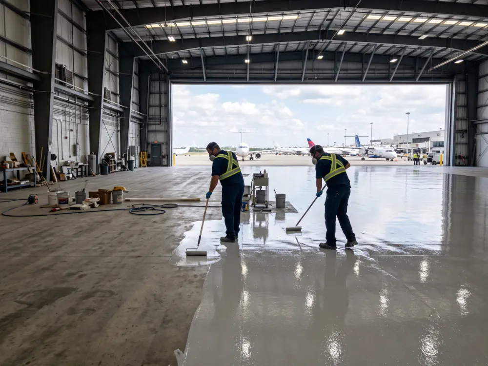 Technicians coating a hangar floor with the aircraft out on the apron