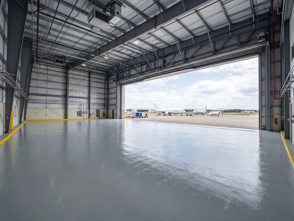 Hangar floor freshly coated with the aircraft parked out on the apron