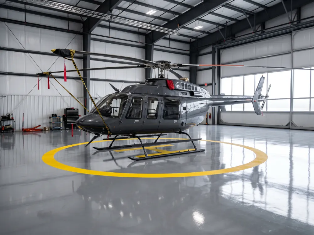Helicopter on an epoxy floor with a coated yellow landing zone circle