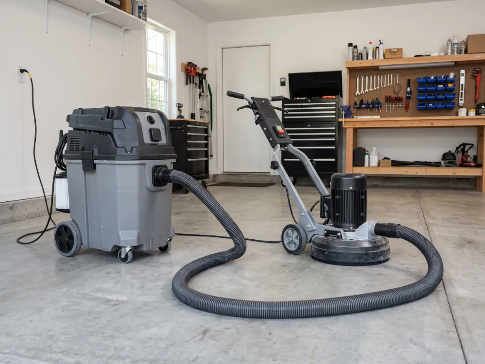 Industrial HEPA dust extractor connected to a floor grinder in a home garage