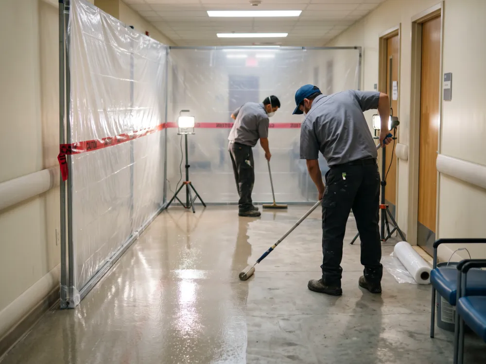 Technicians coating a hospital corridor behind clean containment barriers