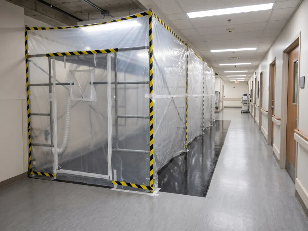 Hospital corridor floor freshly coated behind clean containment walls