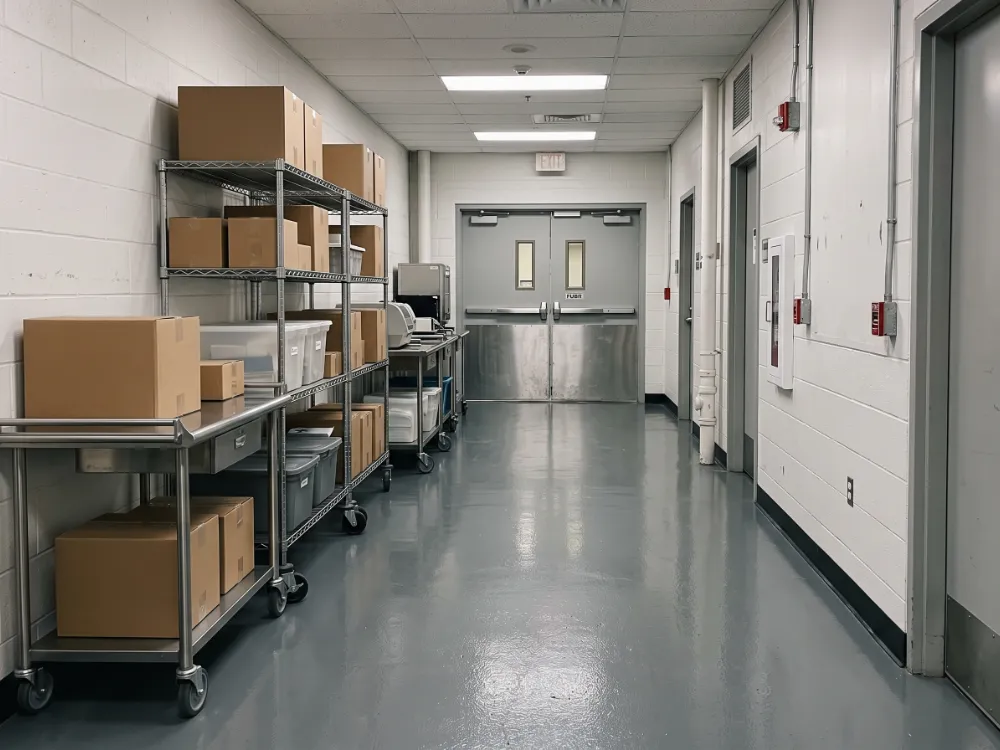 Hospital service corridor with a gray high-build epoxy floor and supply carts
