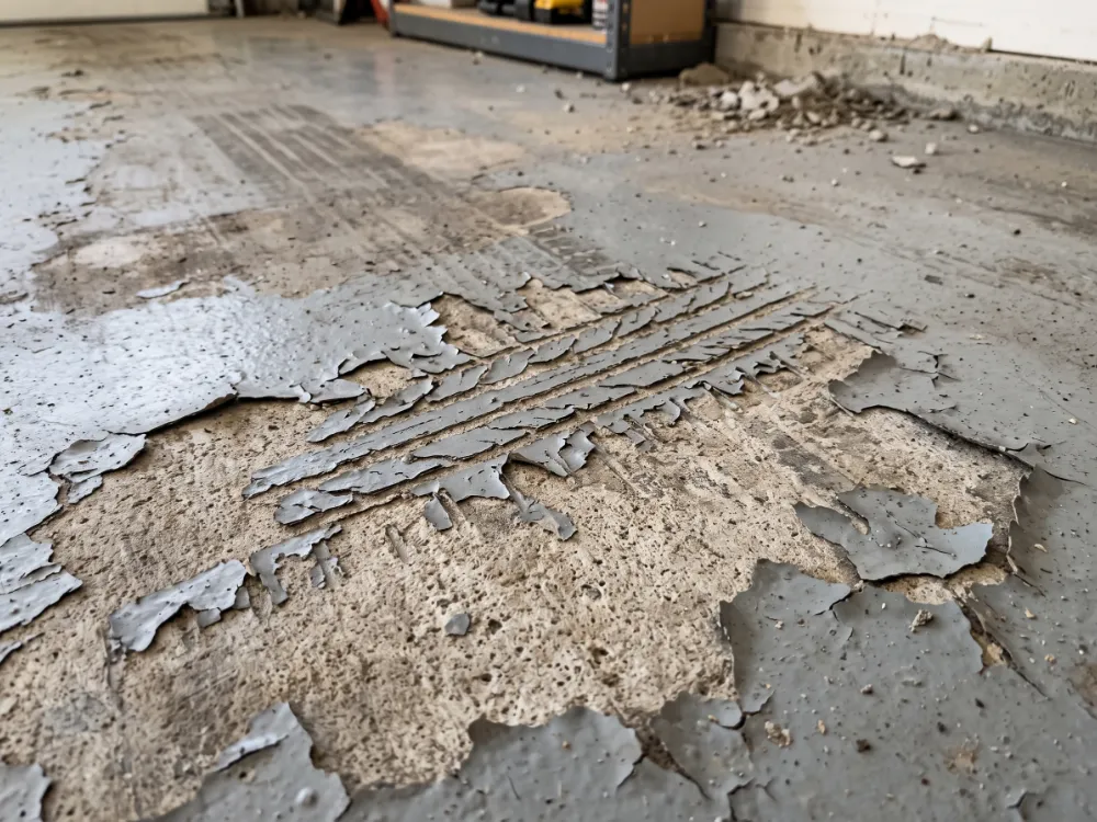 Failed thin garage coating peeling in a tire-tread pattern where a car parks