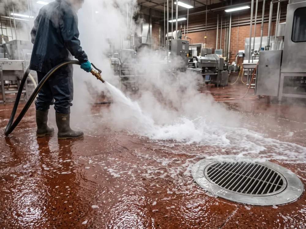 Hot water and steam washdown hitting a brick-red urethane cement floor near a drain