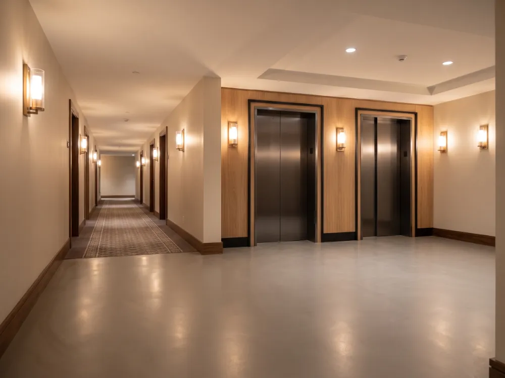 Hotel corridor and elevator lobby with a seamless greige epoxy floor