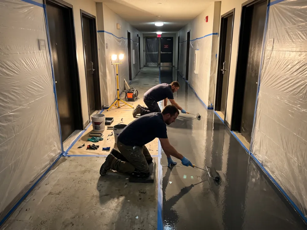 Technicians coating a hotel corridor floor overnight behind protective sheeting