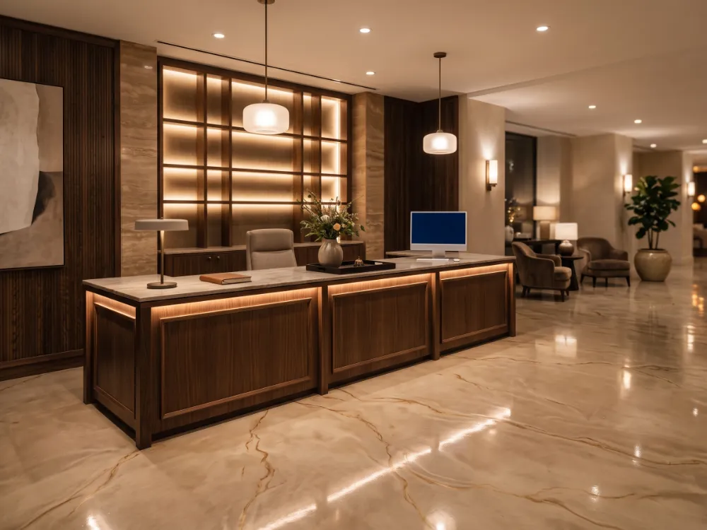 Hotel front desk area with a warm beige metallic epoxy floor