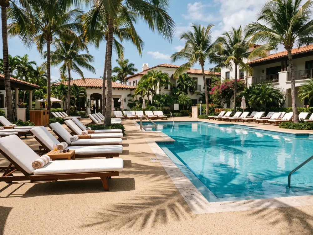 Resort pool deck with a sand-colored slip-resistant quartz epoxy coating